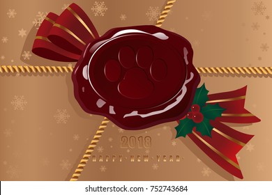 Beautiful wax seal in the in the form of an imprint of a dog with a red ribbon and a gold rope on the new year package
