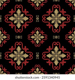 Beautiful Wealth Flowers Design from Scroll Ornament Fleur de lis Style with Gold and Red Silk Weaves Embroidery on Black Background. Intricate Luxury Repeat Seamless Pattern For Decoration Wallpaper