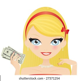 Beautiful, Wealthy Blond Woman In Stunning Jewelery, Holding Cash In Her Hand