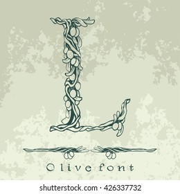 Beautiful weaving olive tree branches with leaves and fruits - floral alphabet - vector illustration