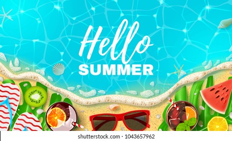 Beautiful web banner with inscription Hello Summer. Top view on Summer decoration with realistic objects on beach. Vector illustration. Concept of seasonal vacation in tropical country.