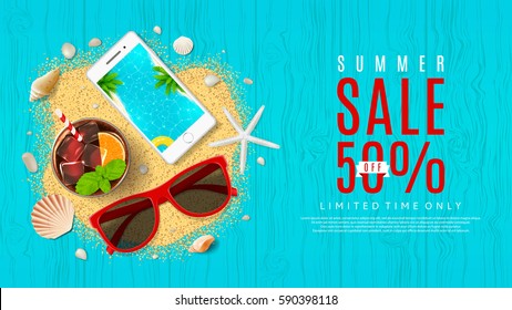 Beautiful web banner for summer sale. Top view on seashells, fresh cocktail, sun glasses, smartphone and sea sand on wooden texture. Vector illustration with special discount offer.