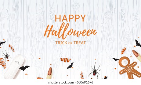 Beautiful web banner with sweets for halloween. Top view on spiders, paper bats and confetti on wooden texture. Vector illustration with cookies in form of skeleton gingerbread man.