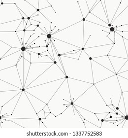 Beautiful web structure with lines and circles like a neural network. Monochrome vector background. Minimal grid seamless pattern.