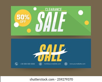 Hermosa cabecera de página web o banner conjunto para Clearance Sale con una oferta de 50% de descuento.