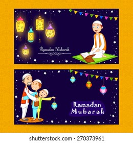 Beautiful website header or banner set decorated with Arabic lamps and Muslim people enjoying and celebrating on occasion of Ramadan Kareem.