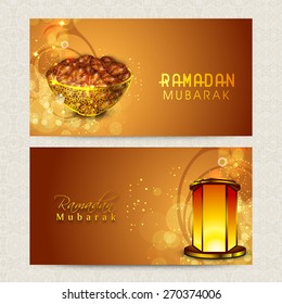 Beautiful website header or banner set decorated with dates and illuminated Arabic lantern for holy month of Muslim community, Ramadan Kareem celebration.