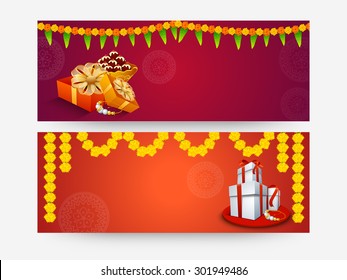Beautiful website header or banner set with wrapped gifts, sweets and traditional flower decoration for Indian festival, Happy Raksha Bandhan celebration.