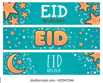 Beautiful Website Header Or Banner Set Decorated With Moon And Stars For Islamic Famous Festival, Eid Mubarak Celebration.