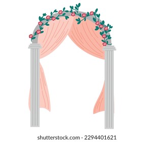 Hermoso arco de bodas con flores, hojas y ramas. Diseño floral vintage. Ilustración de dibujo de la mano del vector aislada en el fondo blanco. 