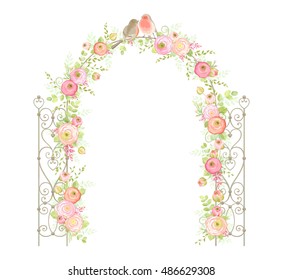 Beautiful wedding arch with flowers Ranunculus, leaves, branches and birds. Vector holiday illustration in vintage style. Floral design.