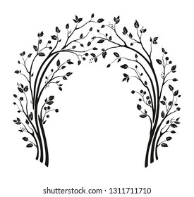 Beautiful wedding arch with tree branches and leaves. Vector holiday illustration. Floral cute silhouette design.