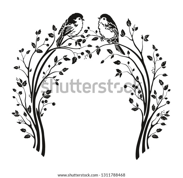 木の枝 葉 小鳥のある美しい結婚式のアーチ ベクターホリデーイラスト 花柄のかわいいシルエットデザイン のベクター画像素材 ロイヤリティフリー 1311788468