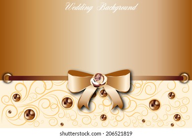 Beautiful Wedding background card design with golden ribbon bow & pearls