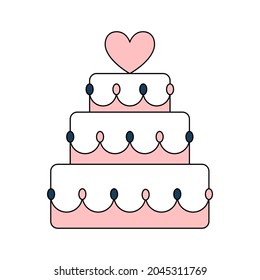 Beautiful wedding birthday cake with heart. A sweet treat for the holiday. simple wedding icon. Doodle vector illustration