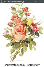 Beautiful wedding bouquet with Pink roses, isolated on white background. No transparency, shadows and not auto-traced, eps8