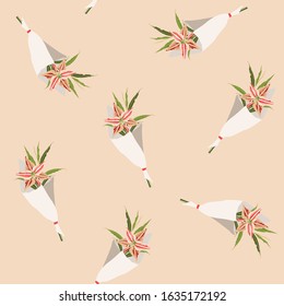 Beautiful wedding bouquet seamless pattern isolated on beige background in a flat style. Wedding flat flowers congratulation card isolated. 