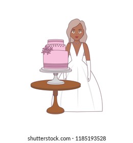 beautiful wedding bride with cake in the table