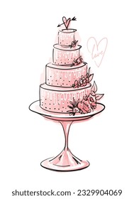 Hermosa tarta de bodas con un moderno boceto acuático, pastel de cumpleaños escalonado con un topper cardíaco en un puesto. Ilustración vectorial moderna aislada en fondo blanco.