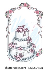 Beautiful wedding cake. Vector illustration for greeting cards and invitations.