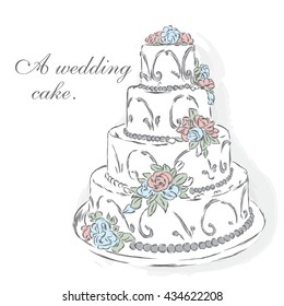 Beautiful wedding cake. Vector illustration for greeting cards and invitations.