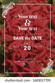 Beautiful Wedding Card Design with Red flower and leaves. Wedding ornament concept. Floral poster, invite. Vector decorative greeting card or invitation design background
