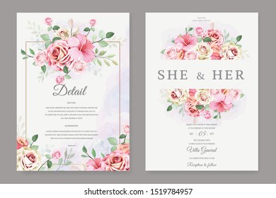 beautiful wedding card with floral and leaves template