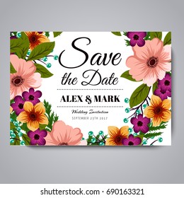 Beautiful wedding card with flowers. Template.Vector Illustration