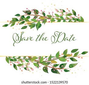 Beautiful wedding card horizontal templates. Decorated with wild leaves. 