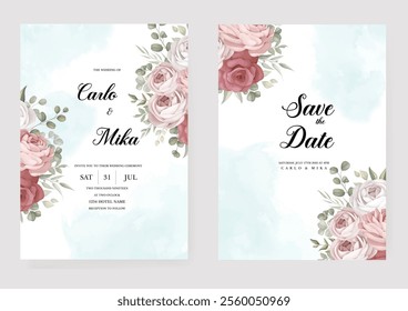 Beautiful wedding card with pink roses. Illustrator and designer. Wedding Invites, save the date, Birthday Invites, Video Invites, E-Cards.