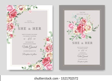 Beautiful wedding card template with beautiful flowers and leaves design