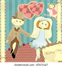 Beautiful Wedding Card in Vintage Style. Couple in Love - Bride and Groom. Vector illustration.