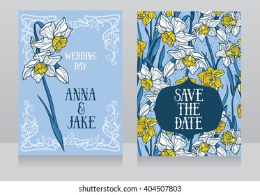 Beautiful wedding cards in art deco retro style with narcissus flowers, vector illustration 