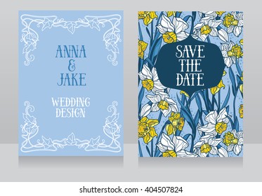 Beautiful wedding cards in art deco retro style with narcissus flowers, vector illustration 