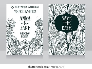 Beautiful wedding cards in art deco retro style with narcissus flowers, vector illustration