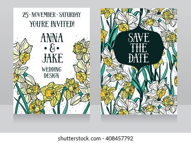 Beautiful wedding cards in art deco retro style with narcissus flowers, vector illustration