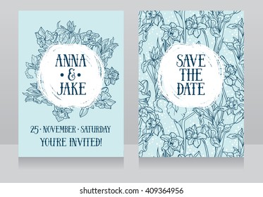 Beautiful wedding cards in art deco retro style with irises and narcissus flowers, vector illustration