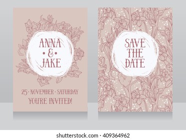 Beautiful wedding cards in art deco retro style with irises and narcissus flowers, vector illustration