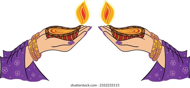 Beautiful wedding clip arts or Deepawali clip arts with Deepak or lamp in hands of girls, vector illustration color symbol. 