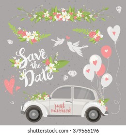 Beautiful wedding clipart set with retro car, flowers, balloons, doves and hearts. Save the date lettering. Vector illustration.