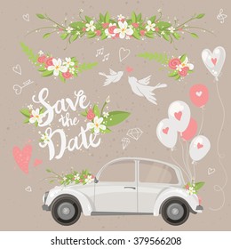 Beautiful wedding clipart set with retro car, flowers, balloons, doves and hearts. Save the date lettering. Vector illustration.