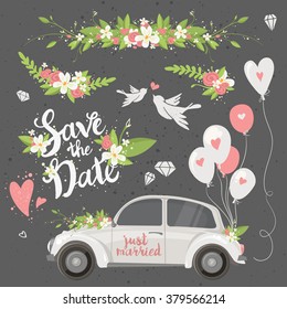 Beautiful wedding clipart set with retro car, flowers, balloons, doves and hearts. Save the date lettering. Vector illustration.