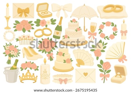 Beautiful wedding clipart set vector illustration, isolated doodle icons with rings, flowers, cakes, champagne.