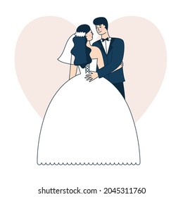 Beautiful wedding couple. Bride and groom. Doodle vector illustration