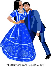 Beautiful wedding couple bride and groom in dark blue wedding suits dancing the first dance Vector