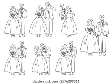 Beautiful wedding couple, bride and groom are posing cutely vector illustration