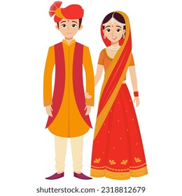 Beautiful Wedding Couple Character Wearing Traditional Attire in Standing Pose.