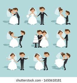 Beautiful wedding couple characters. Bride and groom. Wedding bride and groom couple love, vector illustration