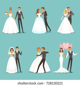 Beautiful wedding couple characters. Bride and groom. Wedding bride and groom couple love, vector illustration