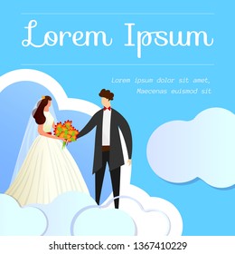 Beautiful Wedding Couple Holding Hands on Blue Cloudy Background. Invitation, Social Media Poster, Template. Romantic Greeting Card. Bride and Groom. Cartoon Flat Vector Illustration. Square Banner.